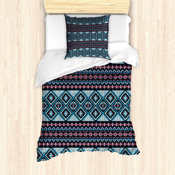 Abakuhaus Set Copripiumino Azteco Per Letti Singoli, Decorato Con Triangoli Geometrici, Antiacaro, Adatto A Chi Soffre Di Allergie, Con Federa, 135 Cm X 200 Cm - 80 X 80 Cm, Blu Mare Multicolore-image