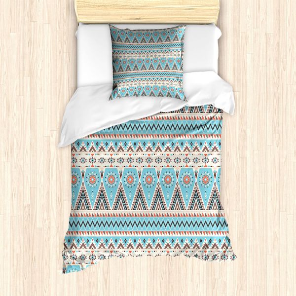 Abakuhaus Set Copripiumino Azteco Per Letti Singoli, Motivo Geometrico A Strisce, Antiacaro E Anallergico, Con Federa, 135 Cm X 200 Cm - 80 X 80 Cm, Champagne Pale Sky Blue-image
