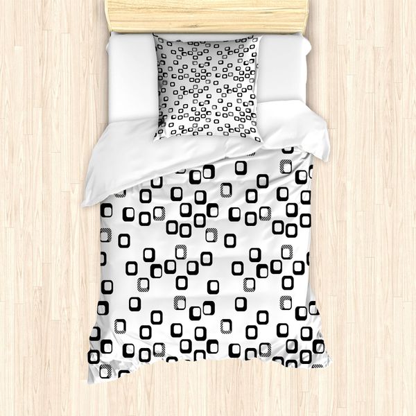 Abakuhaus Set Copripiumino Moderno Per Letti Singoli, Modern Monochrome Squares, Antiacaro E Anallergico Con Federa, 135 Cm X 200 Cm - 80 X 80 Cm, Grigio Antracite E Bianco-image
