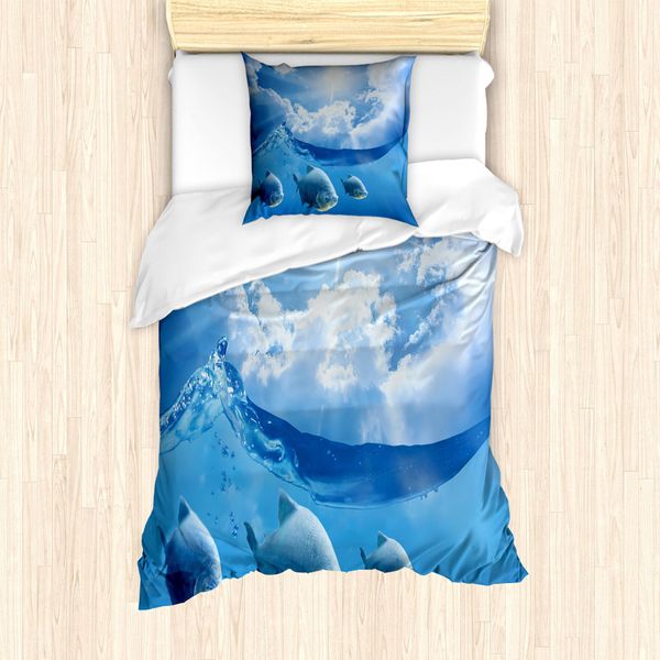 Abakuhaus Set Copripiumino Per Letti Singoli, Pesci, Nuvole E Sole, Antiacaro, Adatto A Chi Soffre Di Allergie, Con Federa, 135 Cm X 200 Cm - 80 X 80 Cm, Blu Azzurro-image