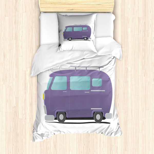 Abakuhaus Set Copripiumino Vintage Trucks Per Letti Singoli, Vista Laterale Funny Van, Antiacaro, Adatto A Chi Soffre Di Allergie, Con Federa, 135 Cm X 200 Cm - 80 X 80 Cm, Pale Eggshell Seafoam-image