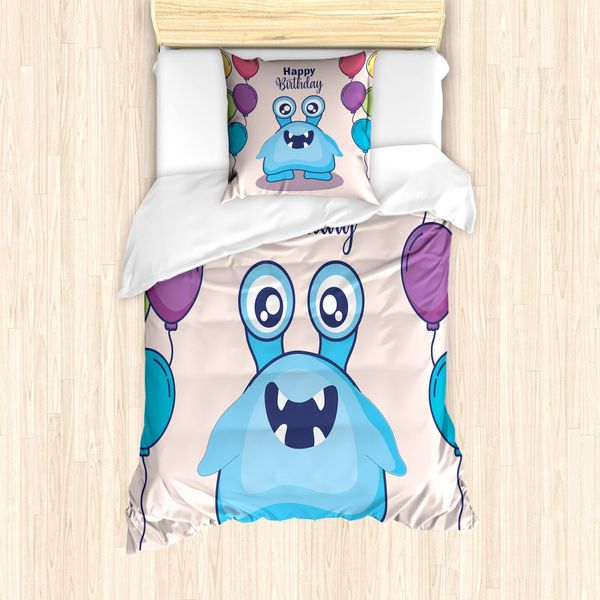 Abakuhaus Set Copripiumino Extraterrestre Per Letti Singoli, Buon Compleanno Fun Monster, Antiacaro, Adatto A Chi Soffre Di Allergie, Con Federa, 135 Cm X 200 Cm - 80 X 80 Cm, Multicolore-image