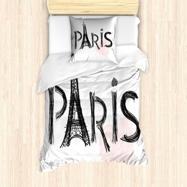 Abakuhaus Set Copripiumino Per Letto Singolo Torre Eiffel, Tonalità Pastello Cuore, Antiacaro, Adatto A Chi Soffre Di Allergie, Con Federa, 135 Cm X 200 Cm - 80 X 80 Cm, Grigio Antracite Rosa Pallido-image