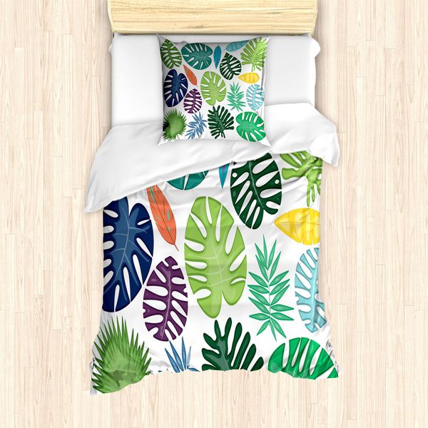 Abakuhaus Set Copripiumino Philodendron Per Letti Singoli, Foglie Colorate E Vivaci, Antiacaro, Adatto A Chi Soffre Di Allergie, Con Federa, 135 Cm X 200 Cm - 80 X 80 Cm, Bianco Multicolore-image