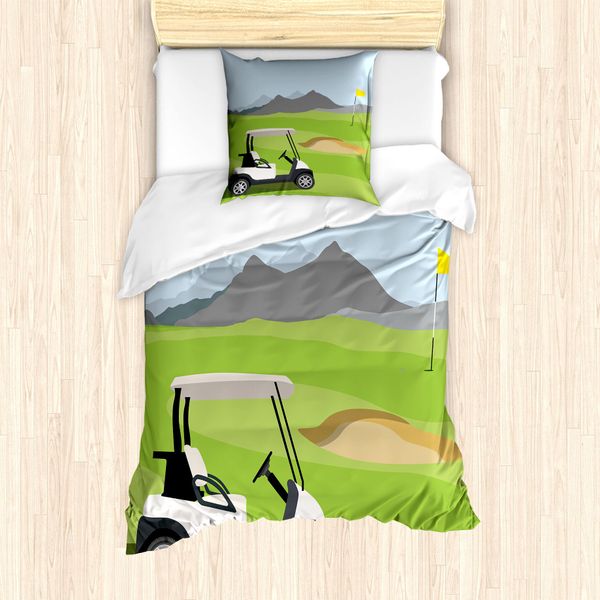 Abakuhaus Set Copripiumino Per Letto Singolo Con Motivo Golf, Bandiera Da Campo Auto, Antiacaro, Adatto A Chi Soffre Di Allergie, Con Federa, 135 Cm X 200 Cm - 80 X 80 Cm, Verde Lime Multicolore-image