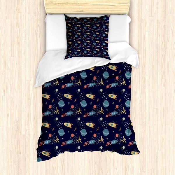 Abakuhaus Set Copripiumino Extraterrestre Per Letti Singoli, Stelle, Razzi E Pianeti, Antiacaro, Adatto A Chi Soffre Di Allergie, Con Federa, 135 Cm X 200 Cm - 80 X 80 Cm, Multicolore-image
