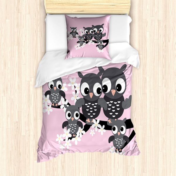 Abakuhaus Set Copripiumino Con Stampa Gufo Per Letti Singoli, Famiglia Su Un Ast, Antiacaro, Adatto A Chi Soffre Di Allergie, Con Federa, 135 Cm X 200 Cm - 80 X 80 Cm, Rosa Baby Grigio Scuro-image