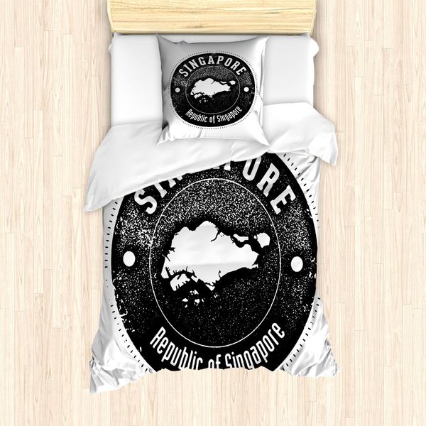 Abakuhaus Singapore Set Copripiumino Per Letti Singoli, Grunge Round Typography, Antiacaro E Anallergico Con Federa, 135 Cm X 200 Cm - 80 X 80 Cm, Grigio Antracite E Bianco-image