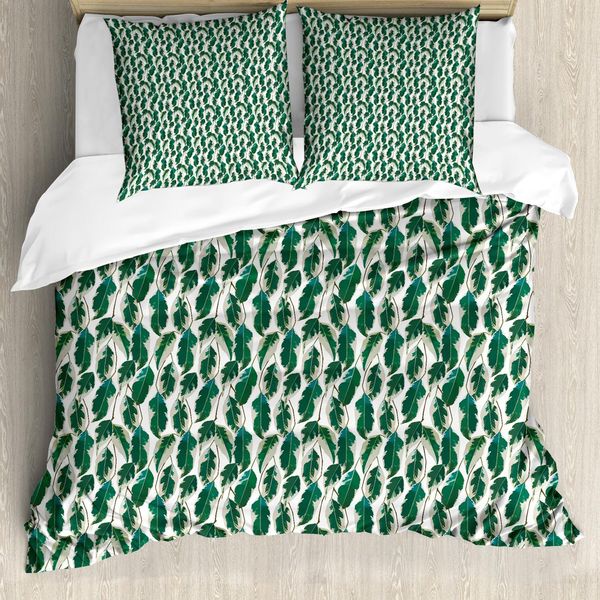 Abakuhaus Set Copripiumino Esotico, Motivo Foglie Della Foresta Tropicale Rigogliosa Vegetazione Nella Foresta Pluviale Fogliame Selvaggio, 155 X 220 Cm + 80 X 80 Cm, Polvere E Verde Cacciatore-image