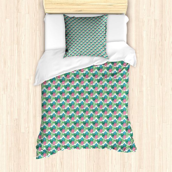 Abakuhaus Set Copripiumino Per Letto Singolo Philodendron, FröHlich Tropic Pflanzen, Antiacaro, Adatto A Chi Soffre Di Allergie, Con Federa, 135 Cm X 200 Cm - 80 X 80 Cm, Verde Bosco Rosa-image