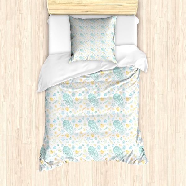 Abakuhaus Set Copripiumino Per Letto Singolo, Motivo Marino Estivo, Antiacaro, Adatto A Chi Soffre Di Allergie, Con Federa, 135 Cm X 200 Cm - 80 X 80 Cm, Turchese Terra Giallo-image