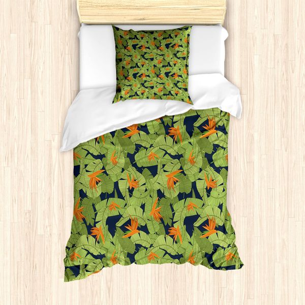 Set Copripiumino Abakuhaus Luau Per Letti Singoli, Foglie E Fiori A Righe Aloha, Antiacaro, Adatto A Chi Soffre Di Allergie, Con Federa, 135 Cm X 200 Cm - 80 X 80 Cm, Blu Notte E Verde Lime-image