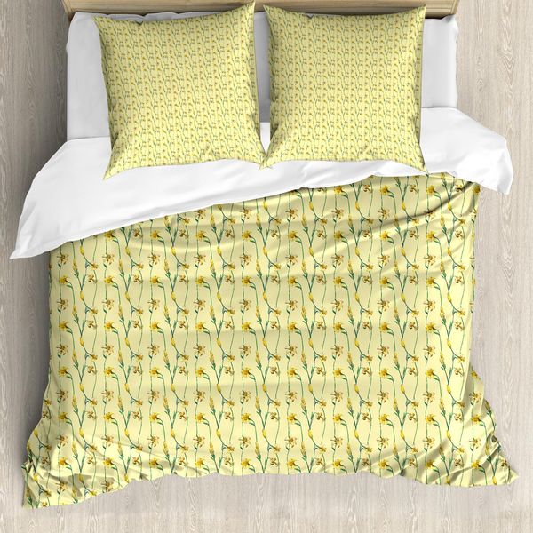 Abakuhaus Set Copripiumino Per Letti Singoli, Buttercup Narciso, Antiacaro, Adatto A Chi Soffre Di Allergie, Con Federa, 155 Cm X 220 Cm - 80 X 80 Cm, Verde Cacciatore Giallo Pallido-image