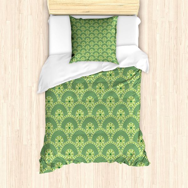 Abakuhaus Set Copripiumino Etnico Per Letti Singoli, Motivo Culturale Antico, Antiacaro, Adatto A Chi Soffre Di Allergie, Con Federa, 135 Cm X 200 Cm - 80 X 80 Cm, Verde Verde Lime-image