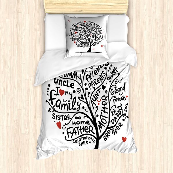 Abakuhaus Set Copripiumino Per Letto Singolo Con Motivo Genealogico, Doodling Calligrafico, Antiacaro E Anallergico Con Federa, 135 Cm X 200 Cm - 80 X 80 Cm, Grigio Antracite E Vermiglio-image