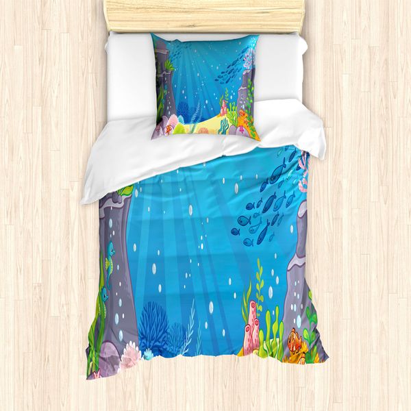 Abakuhaus Set Copripiumino Per Letti Singoli, Disegno Profondità Oceaniche, Antiacaro, Adatto A Chi Soffre Di Allergie, Con Federa, 135 Cm X 200 Cm - 80 X 80 Cm, Multicolore-image