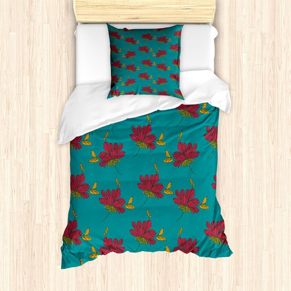 Abakuhaus Set Copripiumino Per Letti Singoli, Motivo Floreale Autunnale, Antiacaro E Anallergico, Con Federa, 135 Cm X 200 Cm - 80 X 80 Cm, Verde Acqua E Rosa Scuro-image