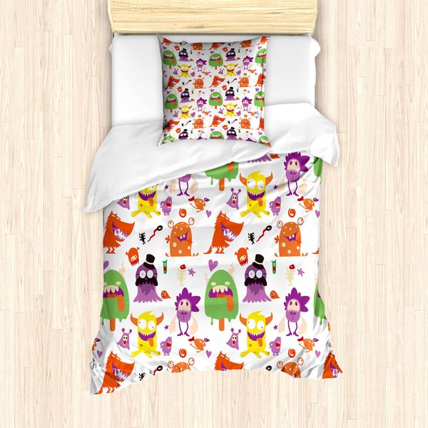 Abakuhaus Set Copripiumino Extraterrestre Per Letti Singoli, Divertente Caricatura Di Mostri Animali, Antiacaro, Adatto A Chi Soffre Di Allergie, Con Federa, 135 Cm X 200 Cm - 80 X 80 Cm, Arancione Bruciato Multicolore-image