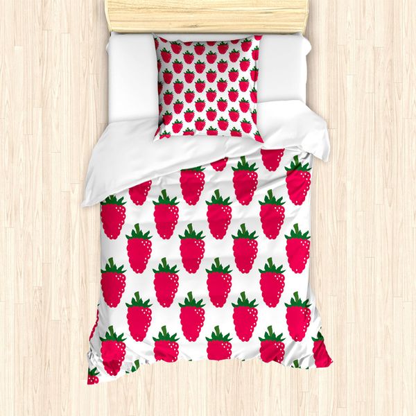 Abakuhaus Set Copripiumino Per Letto Singolo, Motivo Ripetitivo Con Lamponi, Antiacaro, Adatto A Chi Soffre Di Allergie, Con Federa, 135 Cm X 200 Cm - 80 X 80 Cm, Rosa Scuro E Verde Bosco-image