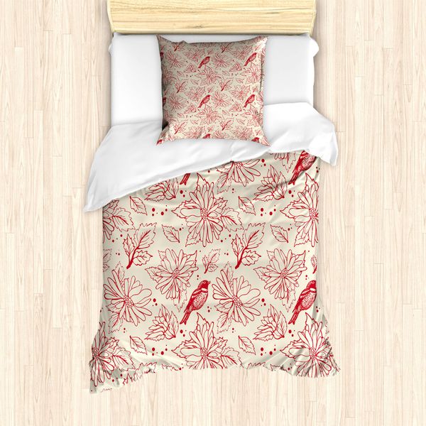 Abakuhaus Set Copripiumino Per Letti Singoli, Arte Floreale Vintage, Antiacaro, Adatto A Chi Soffre Di Allergie, Con Federa, 135 Cm X 200 Cm - 80 X 80 Cm, Guscio D'uovo E Vermiglio-image
