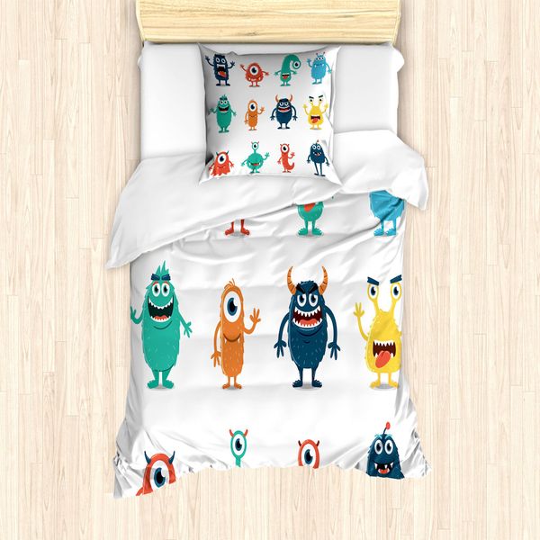 Abakuhaus Set Copripiumino Extraterrestre Per Letti Singoli, Disegno Grafico Con Mostri Colorati, Antiacaro, Adatto A Chi Soffre Di Allergie, Con Federa, 135 Cm X 200 Cm - 80 X 80 Cm, Bianco Multicolore-image