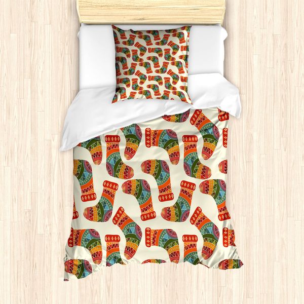 Abakuhaus Set Copripiumino Etnico Per Letti Singoli, Calze Natalizie Lavorate A Maglia, Antiacaro E Anallergico Con Federa, 135 Cm X 200 Cm - 80 X 80 Cm, Guscio D'uovo E Multicolore-image