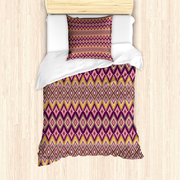 Abakuhaus Set Copripiumino Azteco Per Letti Singoli, Motivo Indigeno A Rombi, Antiacaro, Adatto A Chi Soffre Di Allergie, Con Federa, 135 Cm X 200 Cm - 80 X 80 Cm, Plum Coral-image