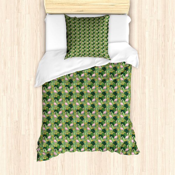 Abakuhaus Set Copripiumino Tropicale Per Letti Singoli, Fenicotteri E Foglie Di Monstera, Antiacaro E Anallergico, Con Federa, 135 Cm X 200 Cm - 80 X 80 Cm, Multicolore-image