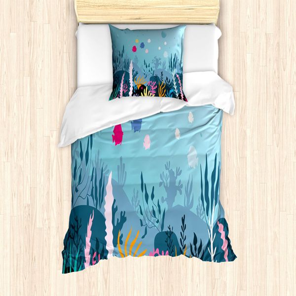 Abakuhaus Set Copripiumino Per Letti Singoli, Alghe E Coralli, Antiacaro, Adatto A Chi Soffre Di Allergie, Con Federa, 135 Cm X 200 Cm - 80 X 80 Cm, Pale Sky Blue Multicolor-image