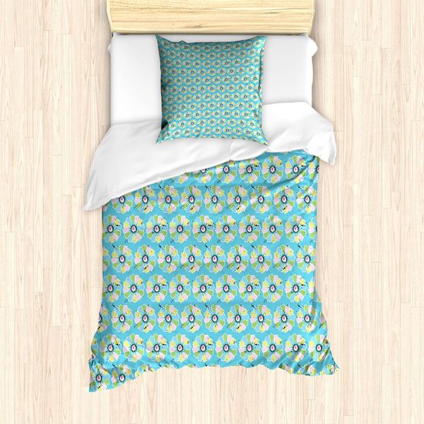 Abakuhaus Set Copripiumino Per Letto Singolo, Fiori Infantili, Antiacaro, Adatto A Chi Soffre Di Allergie, Con Federa, 135 Cm X 200 Cm - 80 X 80 Cm, Blu Cielo Profondo Multicolore-image