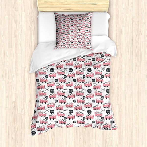 Set Copripiumino Abakuhaus Vintage Trucks, Motivo A Tema Nursery Con Veicoli A Colori Pastello In Stile Cartone Animato, 135 X 200 Cm + 80 X 80 Cm, Rosa Pastello E Grigio Scuro-image