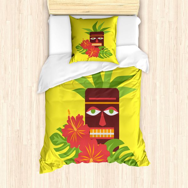 Set Copripiumino Abakuhaus Luau Per Letti Singoli, Tiki Ed Exotic Hibiscus, Antiacaro, Adatto A Chi Soffre Di Allergie, Con Federa, 135 Cm X 200 Cm - 80 X 80 Cm, Giallo E Multicolore-image
