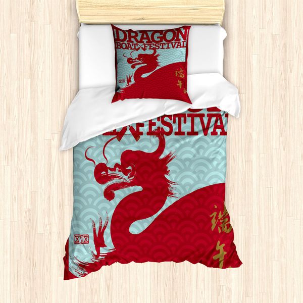 Abakuhaus Set Copripiumino Cinese Per Letti Singoli, Eastern Dragon Su Squama, Antiacaro, Adatto A Chi Soffre Di Allergie, Con Federa, 135 Cm X 200 Cm - 80 X 80 Cm, Rubino Azzurro Pallido-image