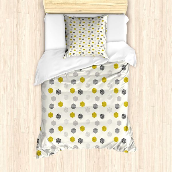 Abakuhaus Set Copripiumino Astratto Per Letti Singoli, Arte Minimalista Esagonale, Antiacaro, Adatto A Chi Soffre Di Allergie, Con Federa, 135 Cm X 200 Cm - 80 X 80 Cm, Avorio Giallo Scuro-image