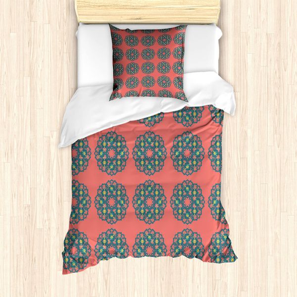 Abakuhaus Set Copripiumino Geometrico Per Letti Singoli, Motivo Floreale, Antiacaro, Adatto A Chi Soffre Di Allergie, Con Federa, 135 Cm X 200 Cm - 80 X 80 Cm, Salmone Verde Acqua Scuro-image