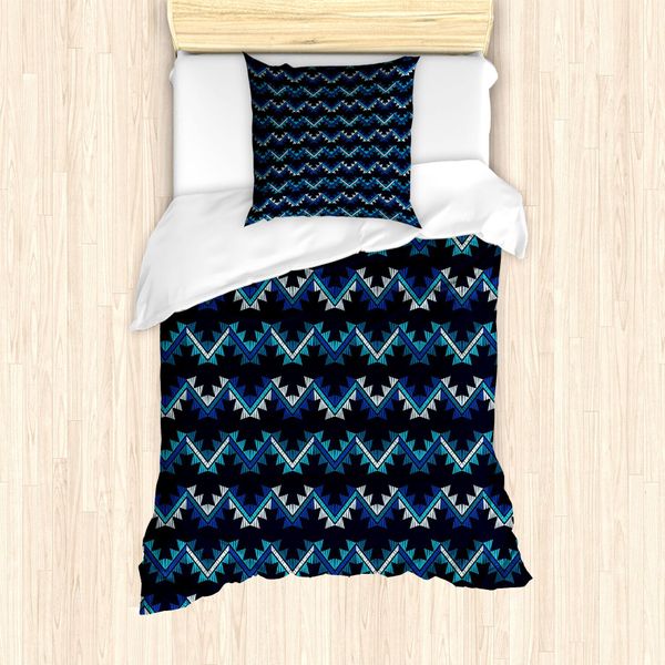 Abakuhaus Set Copripiumino Azteco Per Letti Singoli, Zigzags Oriental Vibes Kunst, Antiacaro, Adatto A Chi Soffre Di Allergie, Con Federa, 135 Cm X 200 Cm - 80 X 80 Cm, Blu Blu Notte Scuro-image