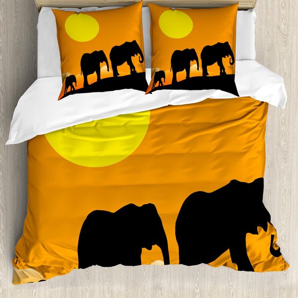 Abakuhaus Set Copripiumino Silhouette Per Letti Singoli, Elefantino E Famiglia, Antiacaro, Adatto A Chi Soffre Di Allergie, Con Federa, 155 Cm X 220 Cm - 80 X 80 Cm, Giallo Calendula-image