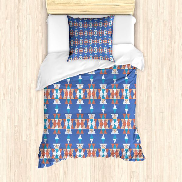 Abakuhaus Set Copripiumino Azteco Per Letti Singoli, Retro India Triangular Kunst, Antiacaro, Adatto A Chi Soffre Di Allergie, Con Federa, 135 Cm X 200 Cm - 80 X 80 Cm, Blu Azzurro Multicolore-image