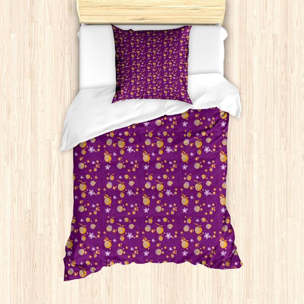Abakuhaus Set Copripiumino Per Letto Singolo, Fiori, Foglie E Frutti, Antiacaro, Adatto A Chi Soffre Di Allergie, Con Federa, 135 Cm X 200 Cm - 80 X 80 Cm, Prugna E Multicolore-image