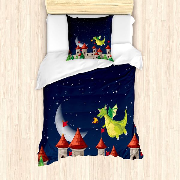 Abakuhaus Set Copripiumino Per Letti Singoli, Castello E Drago Volante, Antiacaro, Adatto A Chi Soffre Di Allergie, Con Federa, 135 Cm X 200 Cm - 80 X 80 Cm, Multicolore-image
