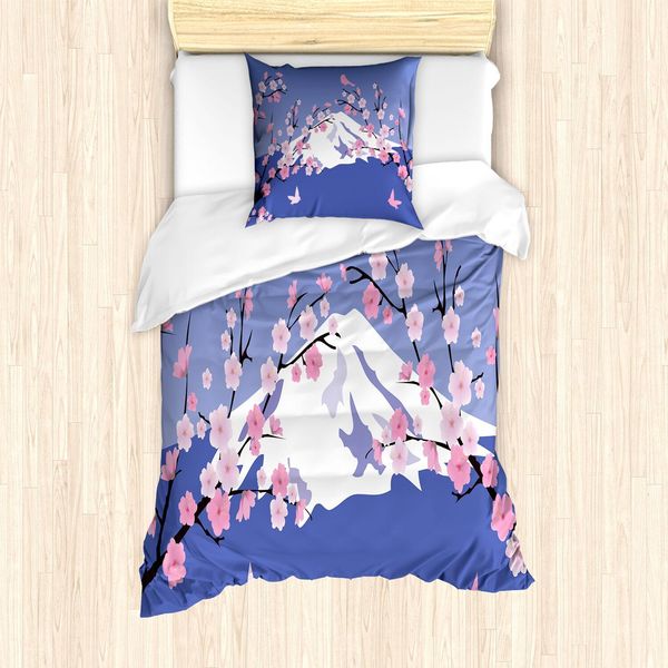 Abakuhaus Set Copripiumino Con Motivi Floreali, Fiori Di Ciliegio, Uccellini E Montagne, 135 X 200 Cm + 80 X 80 Cm, Blu Cielo E Rosa Baby-image