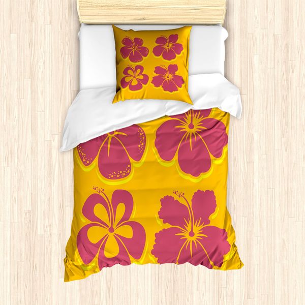 Abakuhaus Luau Set Copripiumino Per Letti Singoli, Silhouette Di Fiori Di Ibisco, Antiacaro, Adatto A Chi Soffre Di Allergie, Con Federa, 135 Cm X 200 Cm - 80 X 80 Cm, Arancione Giallo-image