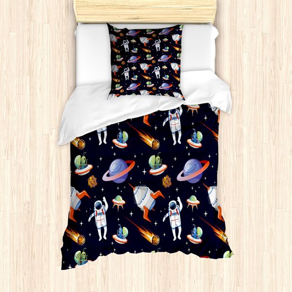 Abakuhaus Set Copripiumino Extraterrestre Per Letti Singoli, Galaxy Asteroid Ufo Astronaut, Antiacaro, Adatto A Chi Soffre Di Allergie, Con Federa, 135 Cm X 200 Cm - 80 X 80 Cm, Multicolore-image