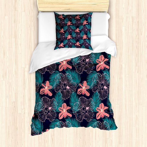 Set Copripiumino Abakuhaus Luau Per Letti Singoli, Foglie Di Ibisco Su Sfondo Scuro, Antiacaro E Anallergico, Con Federa, 135 Cm X 200 Cm - 80 X 80 Cm, Grigio Multicolore-image