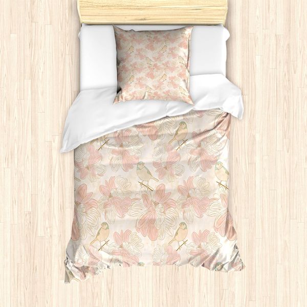 Abakuhaus Set Copripiumino Botanico Per Letti Singoli, Uccellini Su Fiori, Antiacaro, Adatto A Chi Soffre Di Allergie, Con Federa, 135 Cm X 200 Cm - 80 X 80 Cm, Blush Peach-image