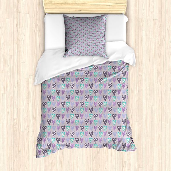 Abakuhaus Set Copripiumino Per Letto Singolo, Motivi Romantici A Cuori, Antiacaro E Anallergico, Con Federa, 135 Cm X 200 Cm - 80 X 80 Cm, Malva Multicolore-image