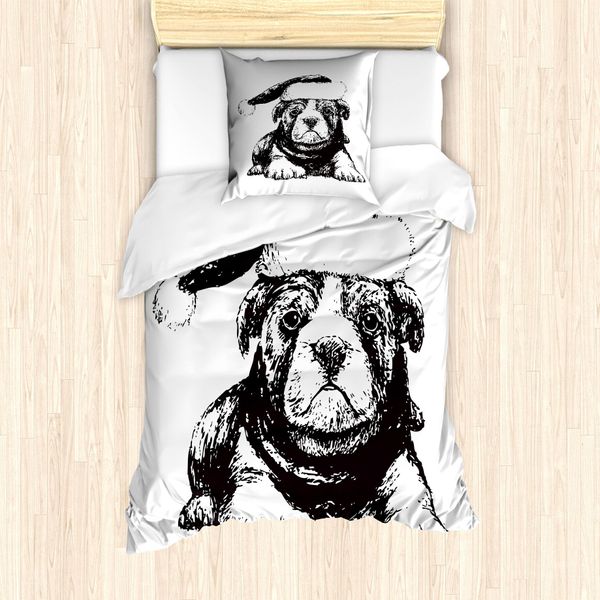 Set Copripiumino Abakuhaus Bulldog Per Letti Singoli, Tema Natalizio Monocromatico, Antiacaro E Anallergico Con Federa, 135 Cm X 200 Cm - 80 X 80 Cm, Grigio Antracite E Bianco-image