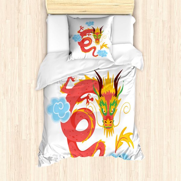 Abakuhaus Set Copripiumino Per Letto Singolo, Nuvole Vorticose Drago Arrabbiato, Antiacaro Adatto A Chi Soffre Di Allergie Con Federa, 135 Cm X 200 Cm - 80 X 80 Cm, Bianco Multicolore-image