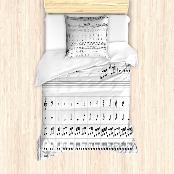 Abakuhaus Set Copripiumino Per Letti Singoli Con Motivi Musicali Dettagliati, Antiacaro E Anallergico, Con Federa, 135 Cm X 200 Cm - 80 X 80 Cm, Grigio Antracite E Bianco-image