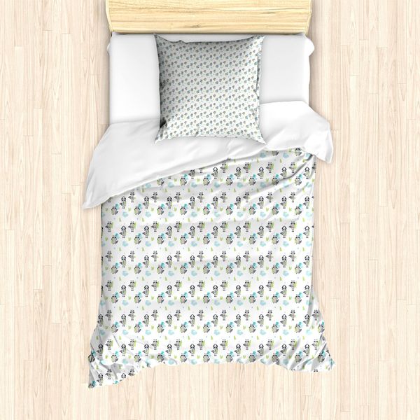 Abakuhaus Jungle Nursery Set Copripiumino Per Letti Singoli, Procione Alberi Nuvole, Antiacaro Adatto A Chi Soffre Di Allergie Con Federa, 135 Cm X 200 Cm - 80 X 80 Cm, Bianco Multicolore-image